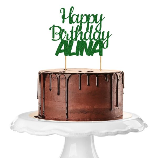 Cake Topper Happy Birthday personalisiert individuell in gruen glitzer mit dem Namen Alina